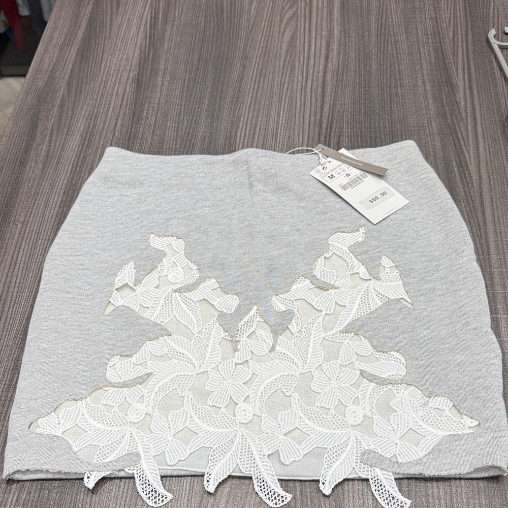 Zara Light Gray Mini Skirt with White Lace Accent